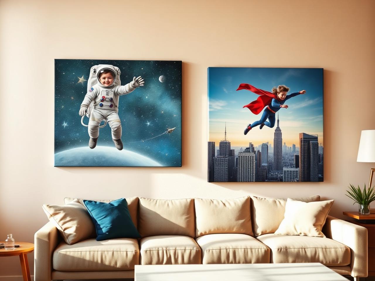Astronaut and superhero canvases on a living room wall