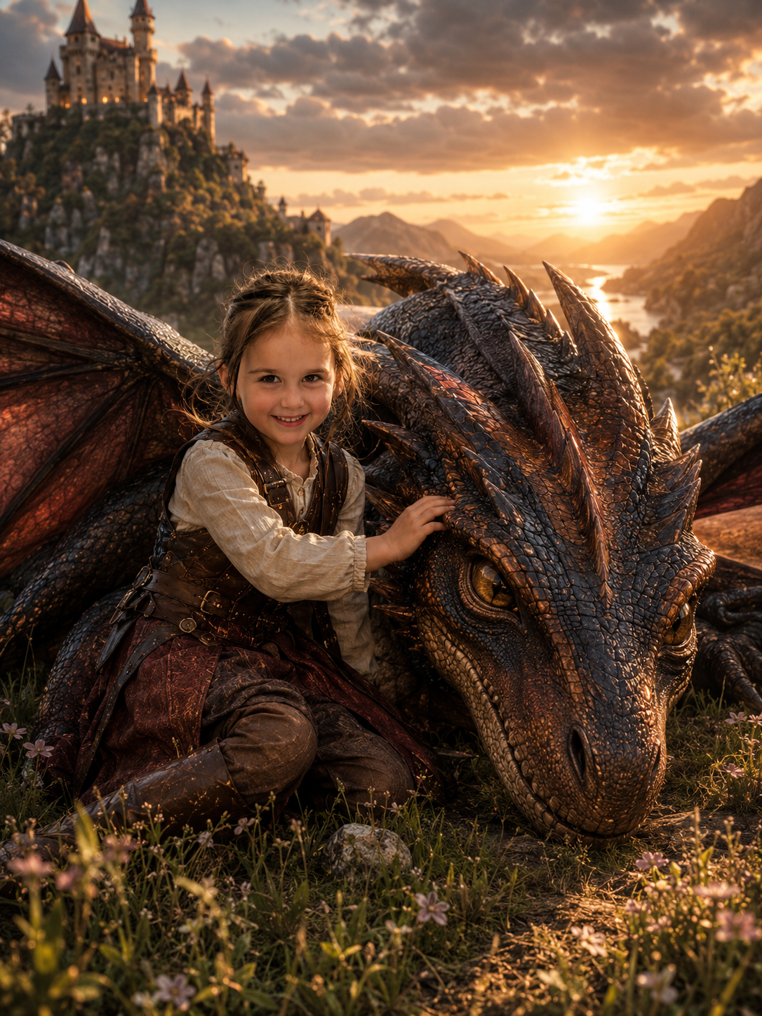 Dragon Rider — Meadow Castle Sunset